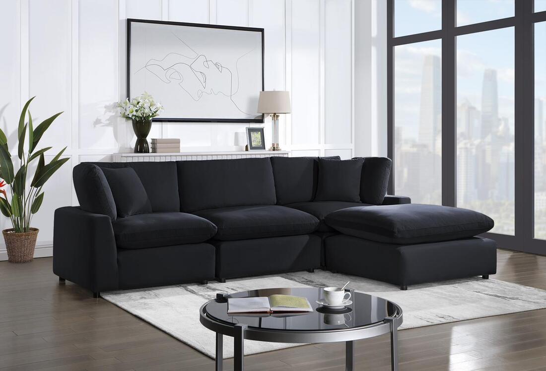 SKY Black Velvet Modular Sectional, Sturdy solid wood frame, Feather & Plush Cotton Cushions, Equipped with plastic foot glides, the corner piece includes two back pillows and a throw pillow