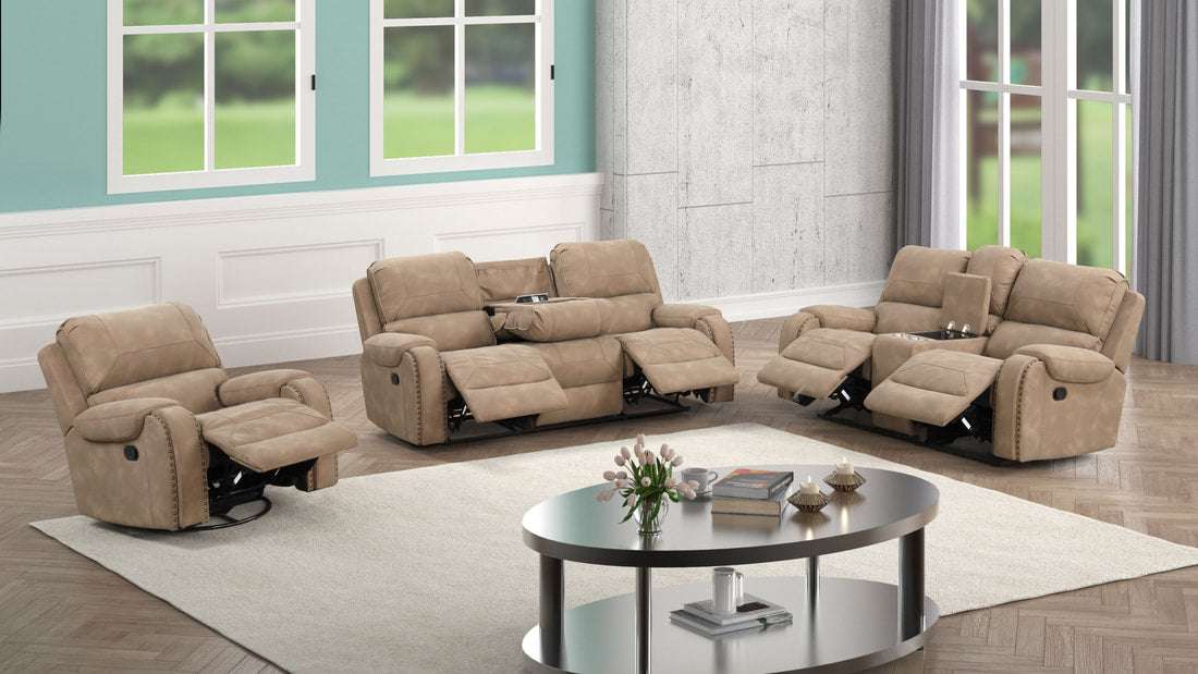 Titan OVERSIZED 3pc Reclining Set, Sofa Drop Down Table W/Power Outlet/USB Ports, Loveseat with Gliders and Storage Console & Rocker Swivel Recliner Chair / PRE-ORDER