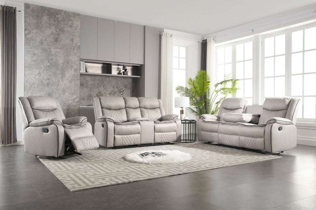 Weston Stone - 3PC Reclining Living Room Set - Sofa Drop Down Table with Power Outlet/USB Charging Ports, Loveseat with Gliders and Storage Console with Power Outlet/USB Charging Ports & Rocking Chair