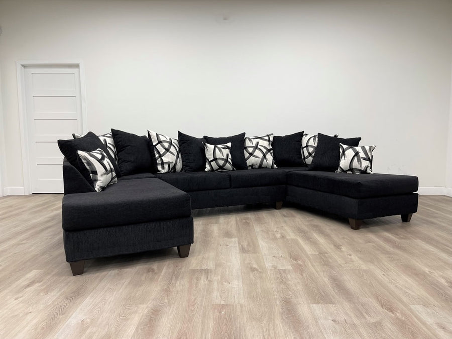 U-Shape Chenille Fabric 135'' Wide Double Chaise Sectional, Steel, Black / Grey