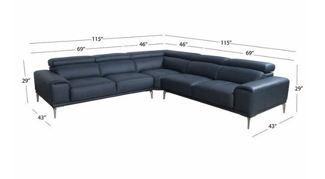 Quinton Top Grain Leather Sectional with Adjustable Headrests, Navy Blue, Mirrored Gunmetal Gray Legs