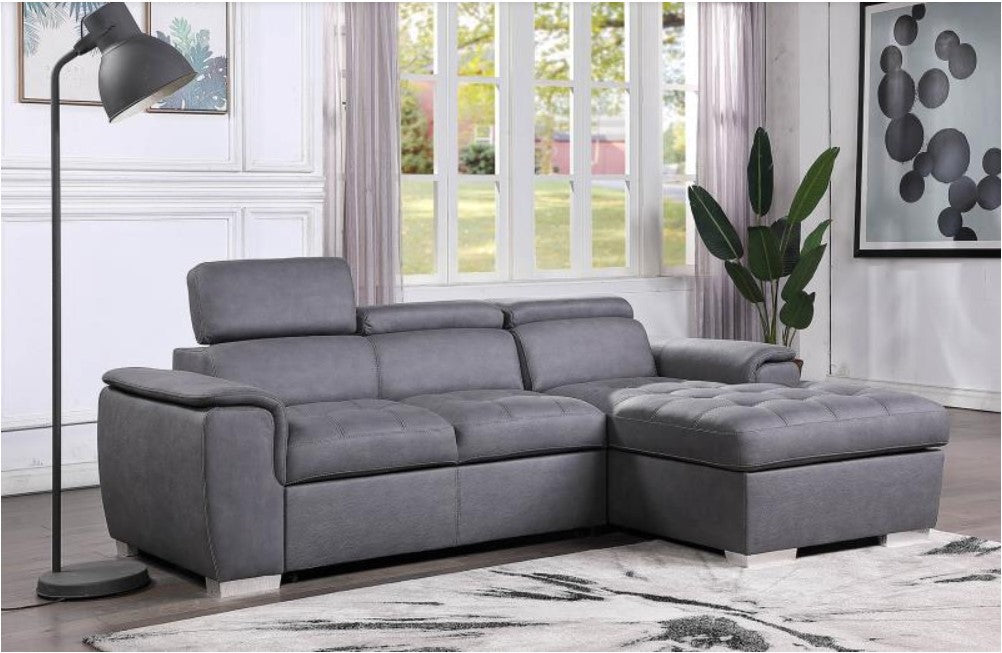 Diego Grey Sectional With Pull-Out Bed & Hidden Storage, Thick Polyester Fabric Grey