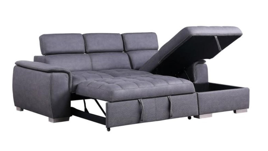 Diego Grey Sectional With Pull-Out Bed & Hidden Storage, Thick Polyester Fabric Grey