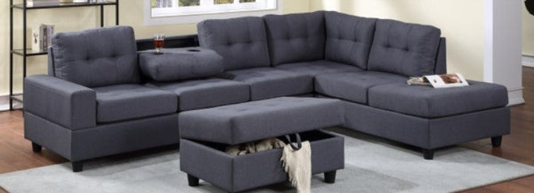 Reversible Gray Fabric Sectional w/Storage Ottoman, Features a drop down table w/cup holders