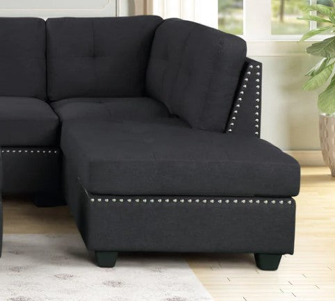 Sienna Black Linen Sectional w/Ottoman, Modern sectional & ottoman set with nailhead trim