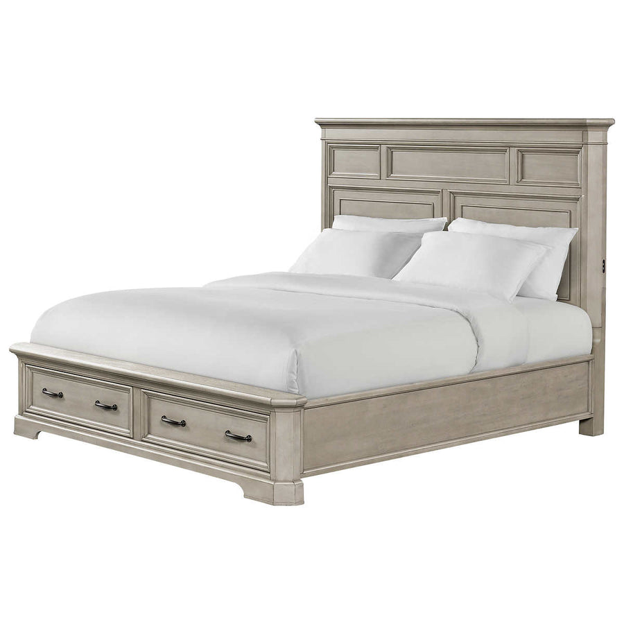 Hardwood; Durable Wooden Model Bed With Acacia Veneer, Drawers and Feet, Gray